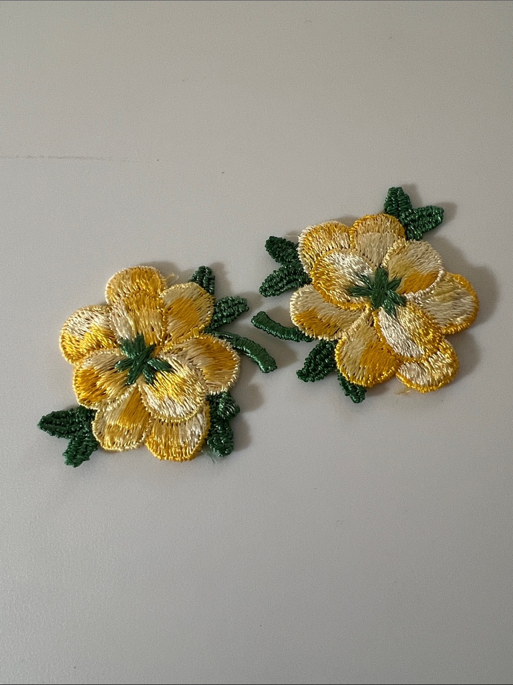 Vintage Yellow Embroidered Flower Applique with Green Leaves - Pair